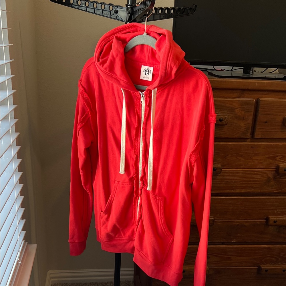 We the Free Bright Red Zip-Up Hoodie with White Drawstrings